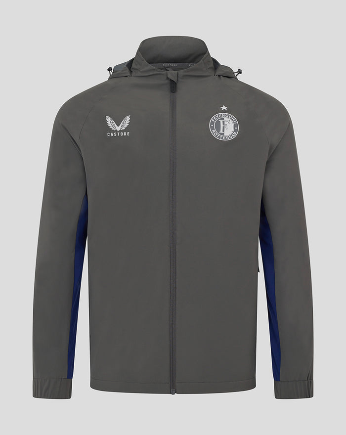 Front view of a gray Feyenoord coaches training jacket with hood, club crest on left chest and Castore logo.