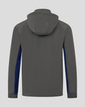 Back view of gray Feyenoord coaches training jacket with blue side panels and hood.