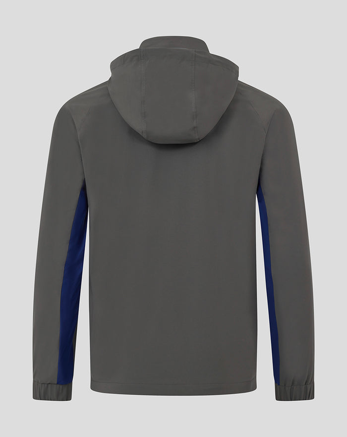 Back view of gray Feyenoord coaches training jacket with blue side panels and hood.