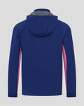 Back view of blue hooded training jacket with grey hood lining and pink side panels.