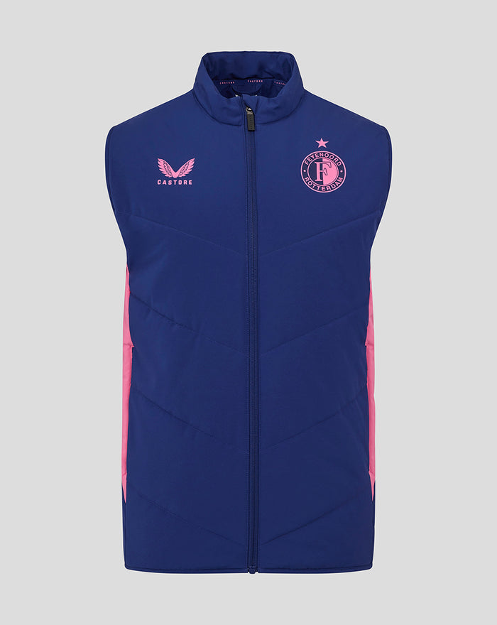 Front view of blue Feyenoord training vest for men with pink Castore logo on the left chest and pink club crest on the right.