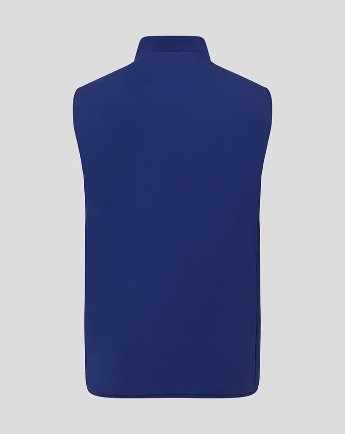 Back view of blue men's training vest with a high collar and no visible logos.