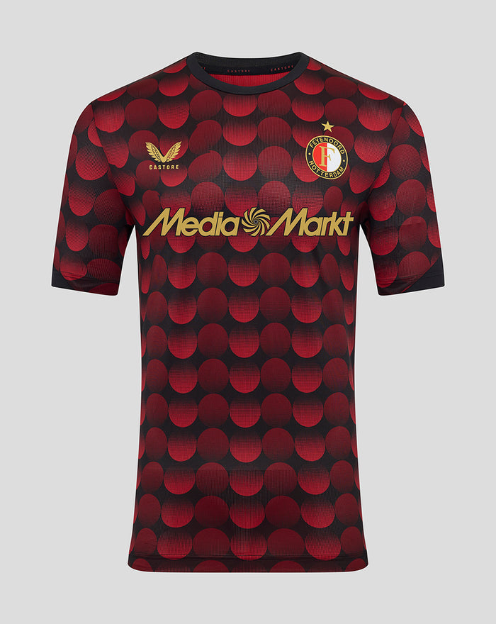 Feyenoord home matchday men's T shirt in red and black polka dot pattern with club crest and gold MediaMarkt logo