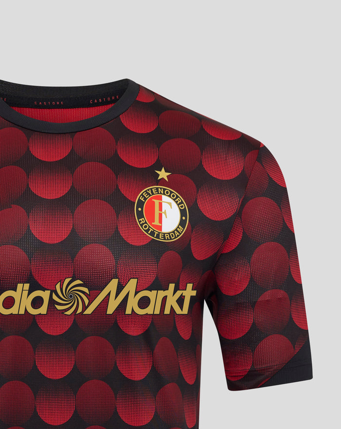 Close-up of Feyenoord Thuis Matchday T-shirt showing the red dot print and CASTORE neck trim