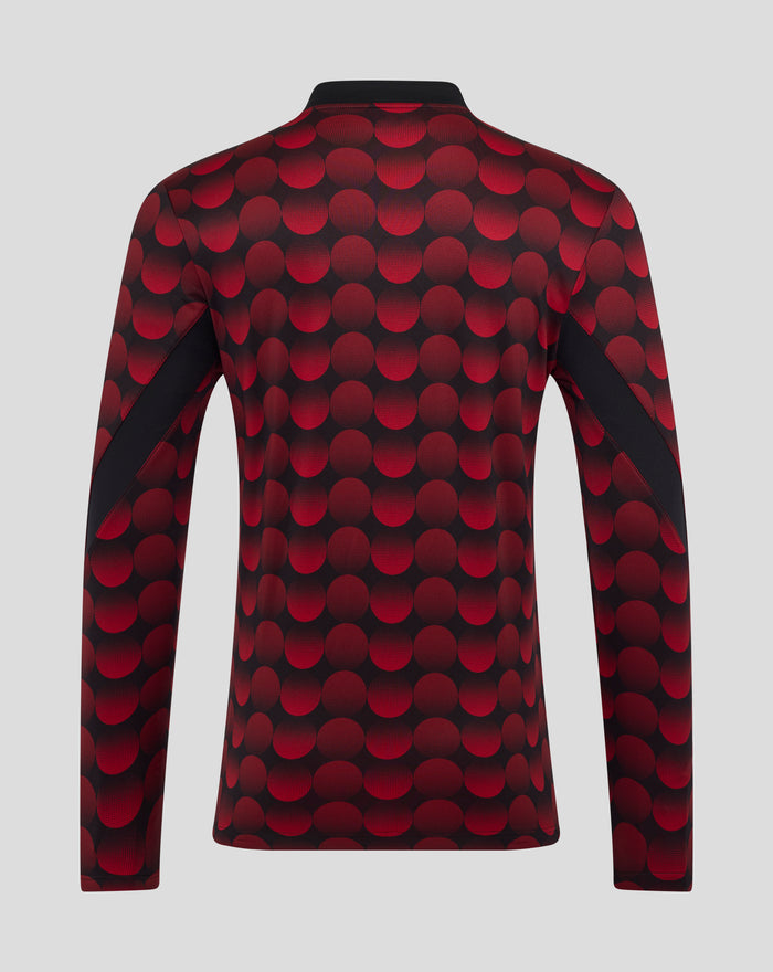 Back view of a long sleeve Feyenoord 2025-26 home matchday midlayer top with red circular pattern and black details.
