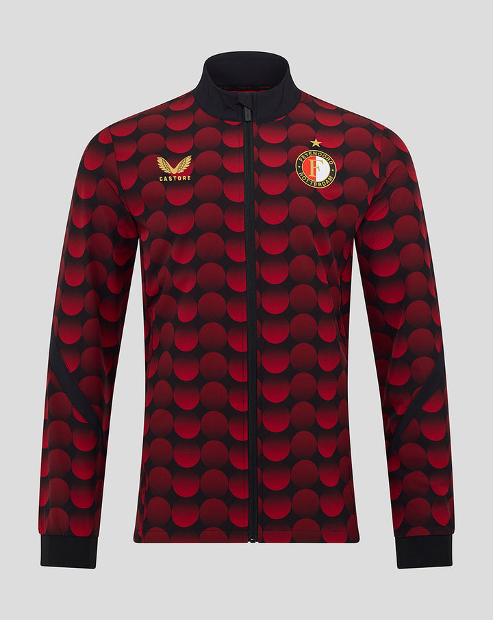 Feyenoord home matchday jacket for men with red and black polka dot pattern full zip gold Castore logo and club crest