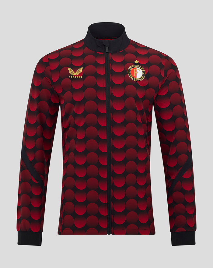 Feyenoord home matchday jacket for men with red and black polka dot pattern full zip gold Castore logo and club crest