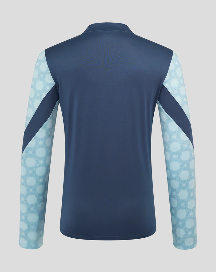 Back view of the Feyenoord Uit Matchday Midlayer Top 2025-2026 for men, dark blue body with light blue patterned sleeves.