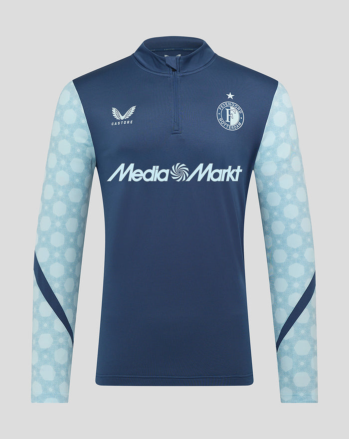 Front view of Feyenoord Uit Matchday Midlayer Top 2025-2026 for men, dark blue body with light blue patterned sleeves and Media Markt sponsor across the chest.