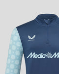 Close-up of navy Feyenoord Matchday Midlayer Top with Castore logo on chest and large MediaMarkt branding across front.