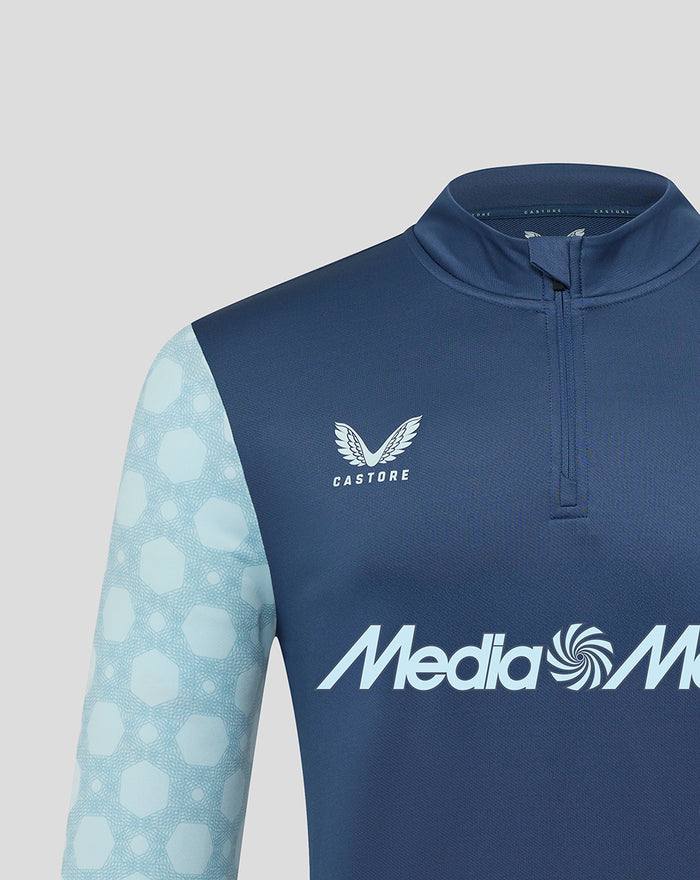 Close-up of navy Feyenoord Matchday Midlayer Top with Castore logo on chest and large MediaMarkt branding across front.
