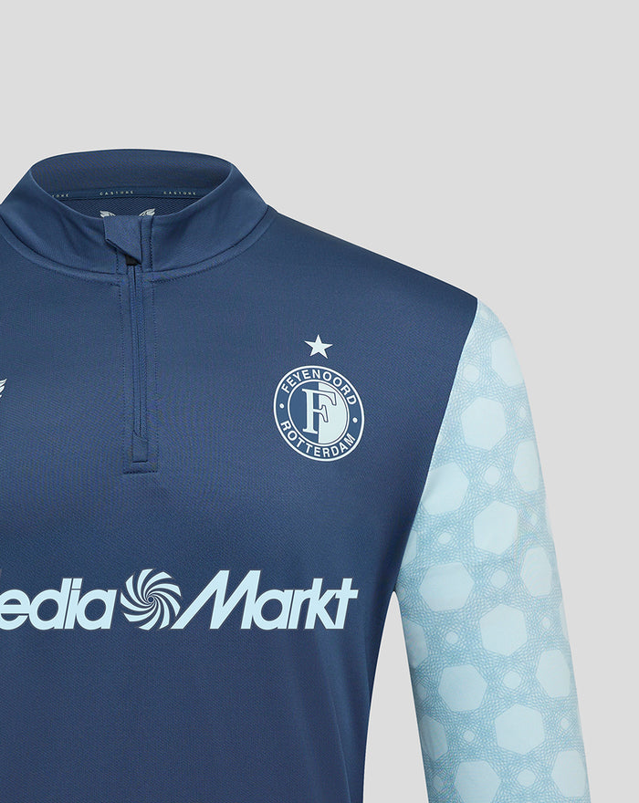 Close-up of dark blue Feyenoord Uit Matchday Midlayer Top with star above crest and light blue patterned sleeve and MediaMarkt sponsor.