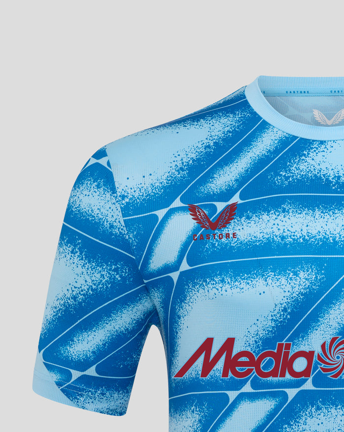 Close-up of a blue Feyenoord third matchday jersey with splatter pattern and MediaMarkt sponsor logo on the chest
