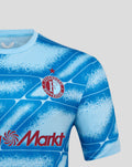 Lower front of the Feyenoord Derde Matchday shirt with bold red MediaMarkt logo over the blue graphic pattern.