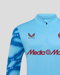 Close-up of the light blue Feyenoord top showing Castore logo on the chest, Media Markt sponsor, and blue patterned sleeves.