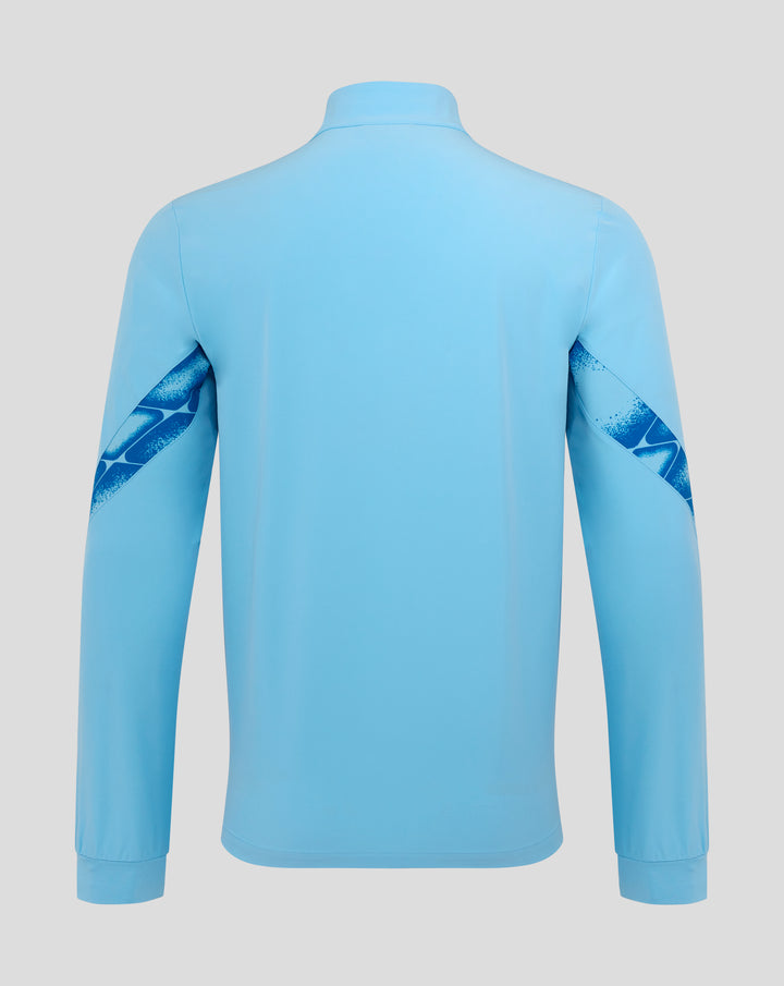 Back view of a light blue Feyenoord third matchday jacket for men with dark blue elbow prints on the sleeves.