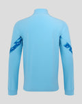 Back view of a light blue Feyenoord third matchday jacket for men with dark blue elbow prints on the sleeves.