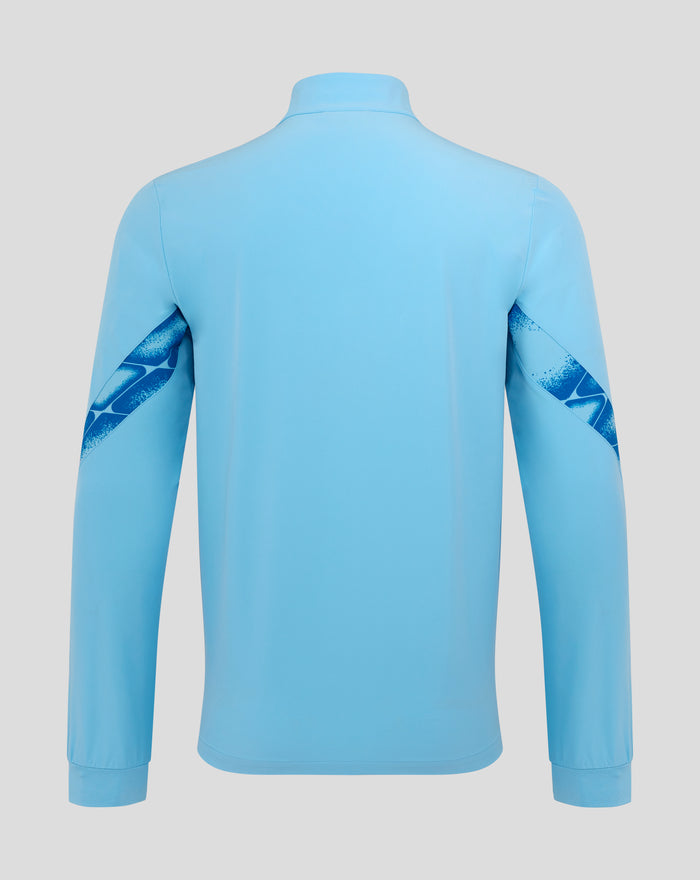 Back view of a light blue Feyenoord third matchday jacket for men with dark blue elbow prints on the sleeves.