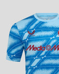 Detail van het Feyenoord Derde Matchday shirt met grote MediaMarkt sponsor op de borst en het clublogo