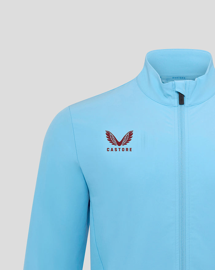Front view of a light blue Feyenoord third matchday jacket for men with Castore branding on the chest and a standing collar.
