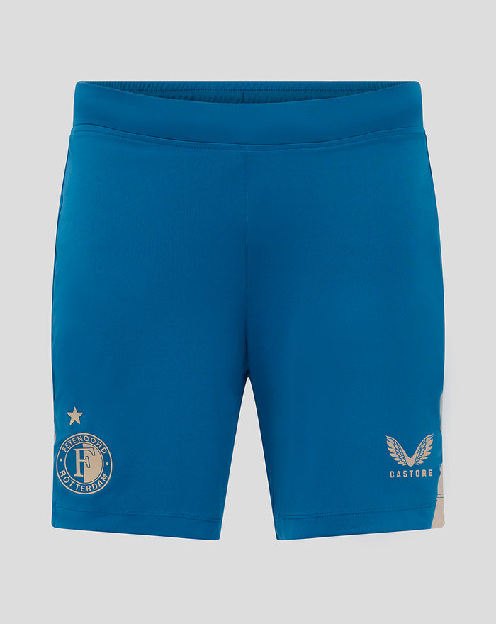Blue Feyenoord Stadium Knit Short for men front view showing Feyenoord crest on left leg and Castore logo on right leg
