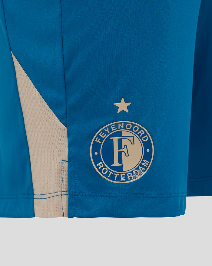Close-up of blue Feyenoord Stadium Knit Short featuring the Feyenoord crest with a star above on the lower leg and a beige side panel