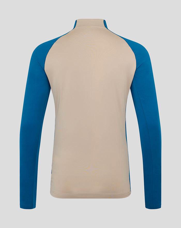 Back view of Feyenoord Stadium Midlayer Top in beige with blue sleeves and color blocking