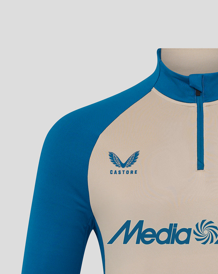 Close-up of front chest with Castore logo and large Media Markt sponsor across beige midlayer