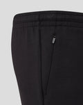 Back view of black shorts with elastic waistband and a small vertical zip pocket