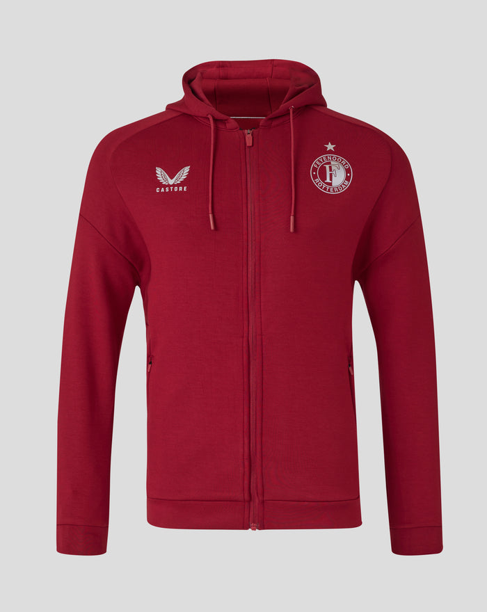 Front view of red Feyenoord Travel Hoody with zip and hood, crest on left chest