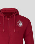 Hooded red Feyenoord travel hoodie with zipper visible and club crest on chest