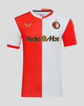 Front view of Feyenoord home shirt 2025-2026 for men with red white split, Castore logo and MediaMarkt sponsor