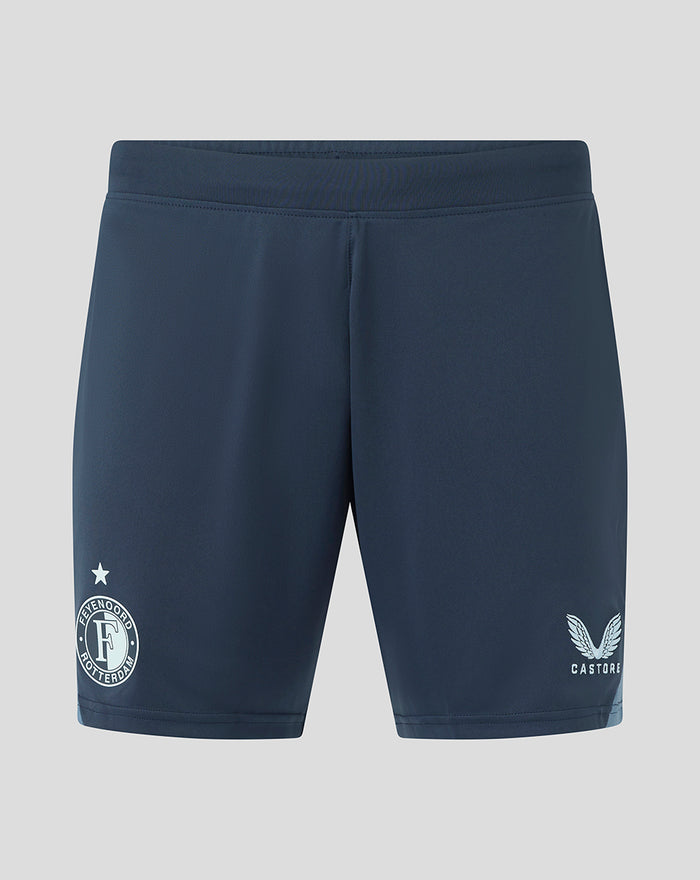 Donkerblauwe Feyenoord uitshort voor mannen met elastische tailleband en Feyenoord-embleem links en Castore-logo rechts