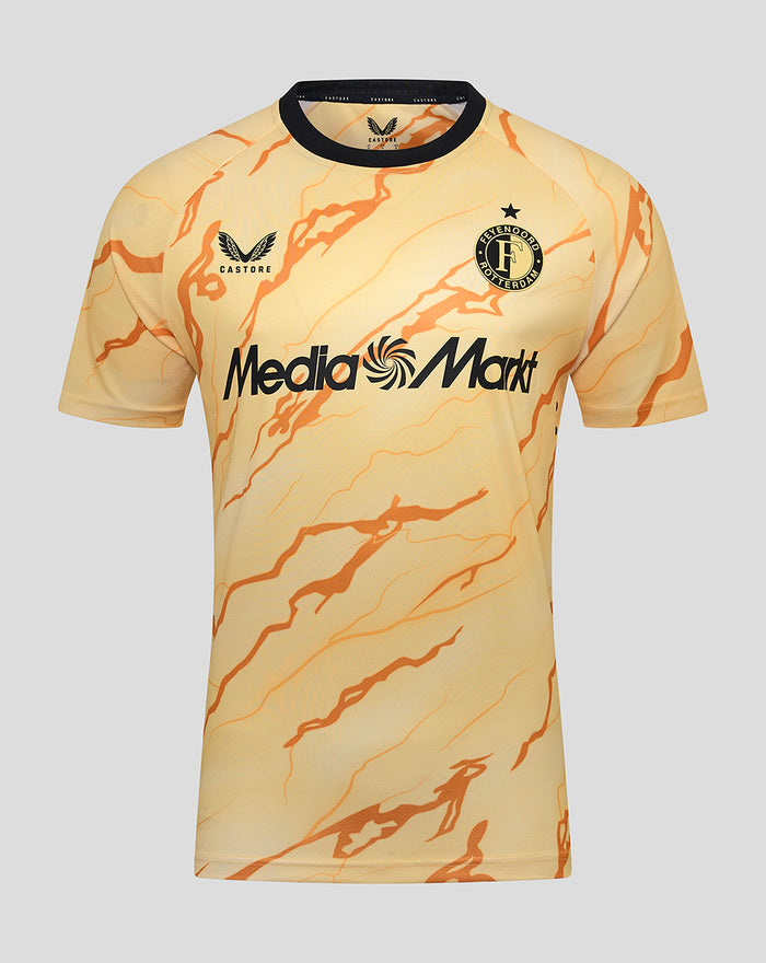 Front view of the Feyenoord Vierde shirt for men in pale yellow with orange marbling and Media Markt sponsor