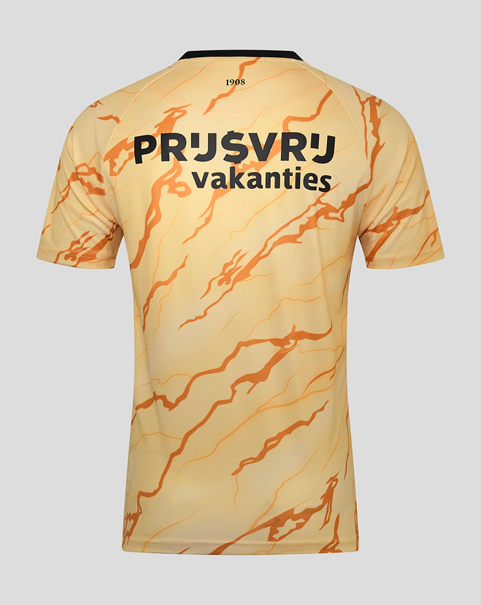 Back view of the yellow Feyenoord Vierde shirt with orange marble pattern and bold black text across the upper back