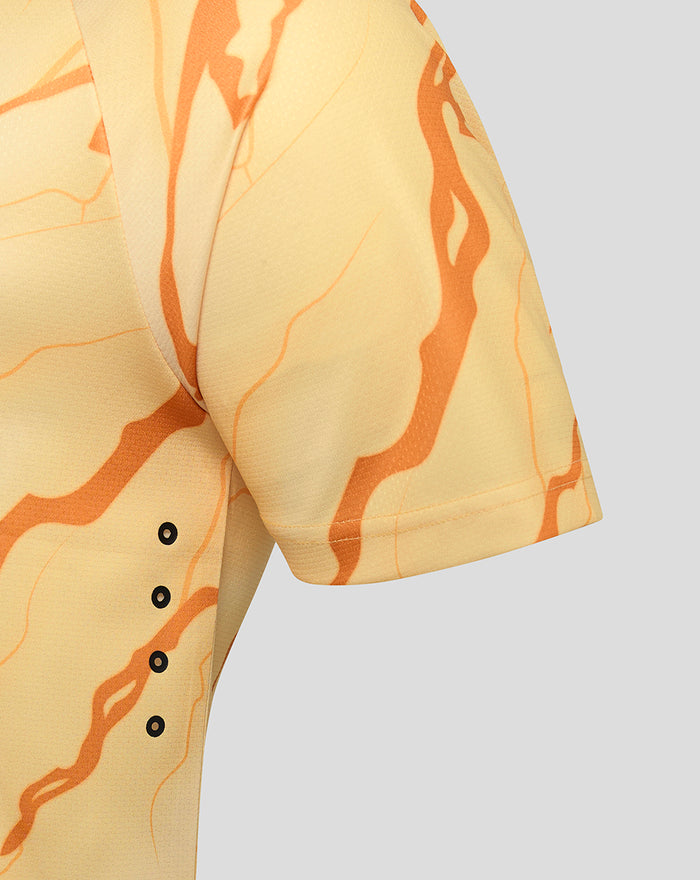 Close up of the sleeve on the Feyenoord Vierde Shirt showing the orange pattern and vent holes along the seam.