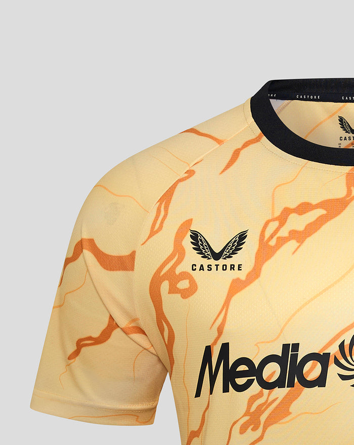 Chest view of the Feyenoord Vierde Shirt with club crest on the left and sponsor branding amid the orange camo design.