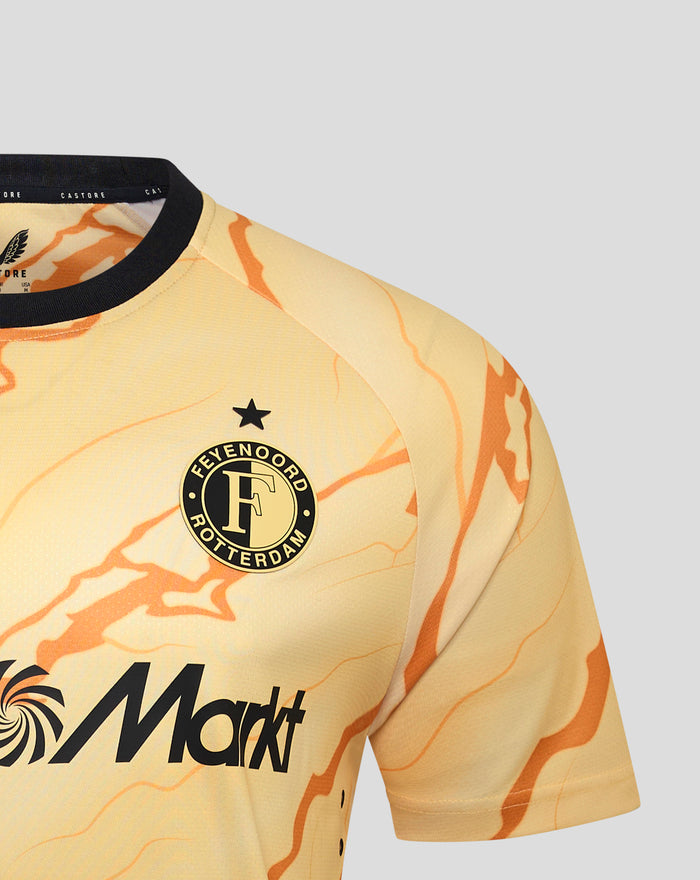 Close up of the Feyenoord Vierde Shirt neckline showing a black rib collar and an orange camo pattern with the club crest.