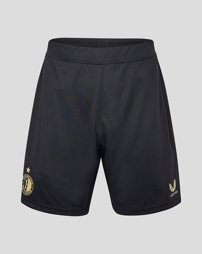 Black Feyenoord Vierde Short for adults with a gold club crest on the left and Castore logo on the right