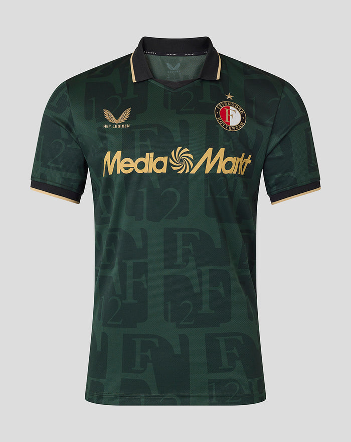 Front view of a green polo style Twaalfde Shirt with collar all over pattern club crest and gold Media Markt sponsor