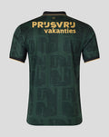 Back view of dark green Feyenoord shirt with gold trim and XII roman numerals at the neck, gold lettering across the upper back.