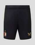Front view of black shorts with gold side piping, Feyenoord crest on the left leg and Het Legioen emblem on the right leg