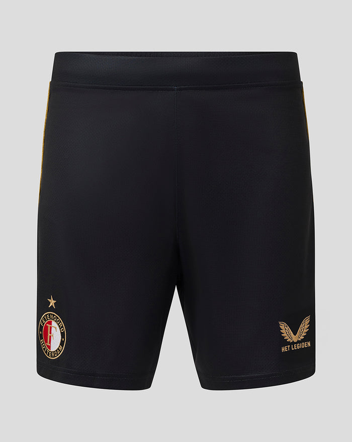 Front view of black shorts with gold side piping, Feyenoord crest on the left leg and Het Legioen emblem on the right leg