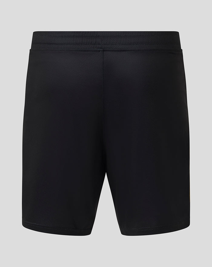 Back view of black shorts with elastic waistband and clean back panel