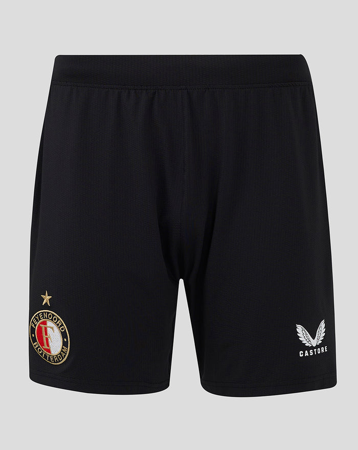 Front view of black Feyenoord Pro home shorts for men with club crest on the left leg and Castore logo on the right
