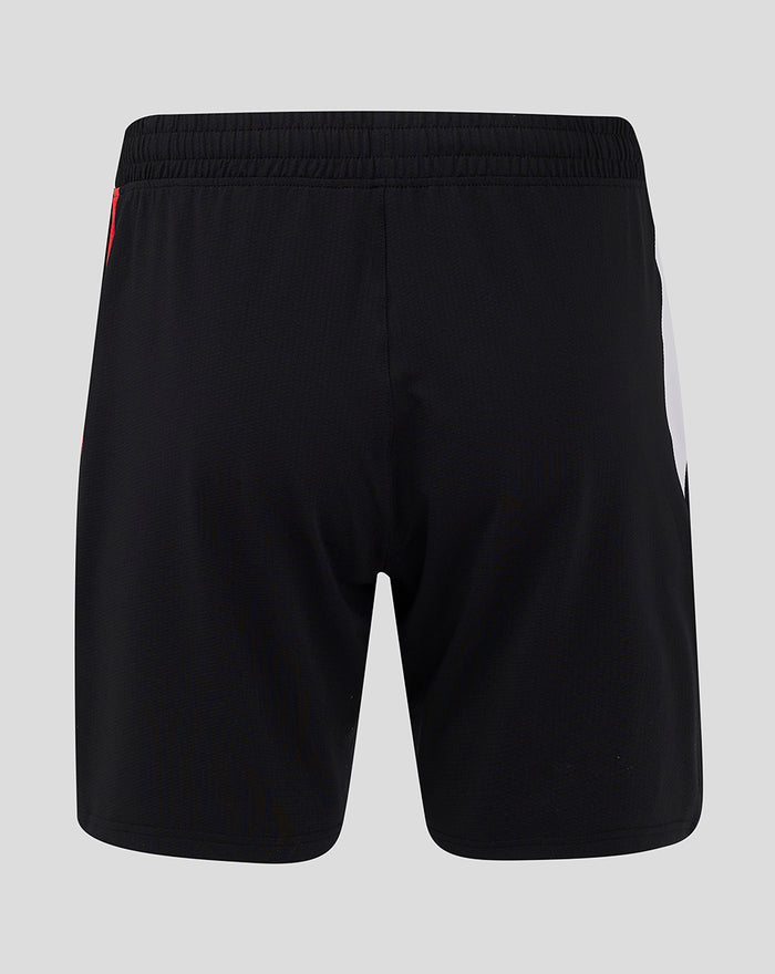 Back view of black Feyenoord Pro home shorts for men with waistband and side panel accented by a red stripe