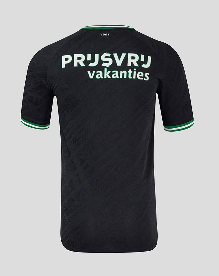 Back view of dark Feyenoord Pro shirt with mint green text across the back.
