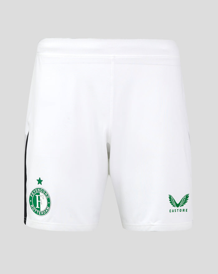 White Feyenoord Pro Alternate Away Shorts for men with Feyenoord logo on the right thigh and Castore logo on the left thigh.