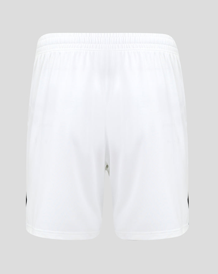 Rear view of white shorts with elastic waistband and textured fabric.