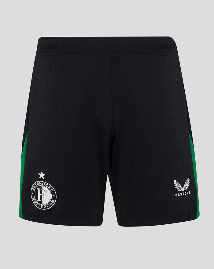 Back view of black Feyenoord Pro away shorts with green side panels, crest on the left leg and Castore logo on the right leg